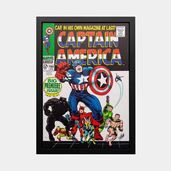 Stan Lee Signed: Captain America #100 Big Premiere Issue! Box Canvas Framed - worldofsuperheroesuk