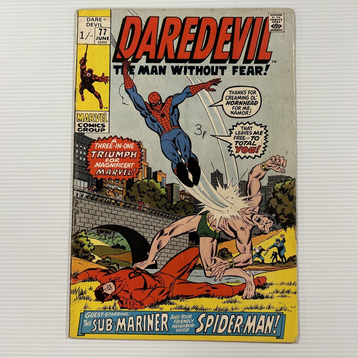 Daredevil #77 1971 VG Spider-man & Namor appearance Pence Copy **pen on cover**