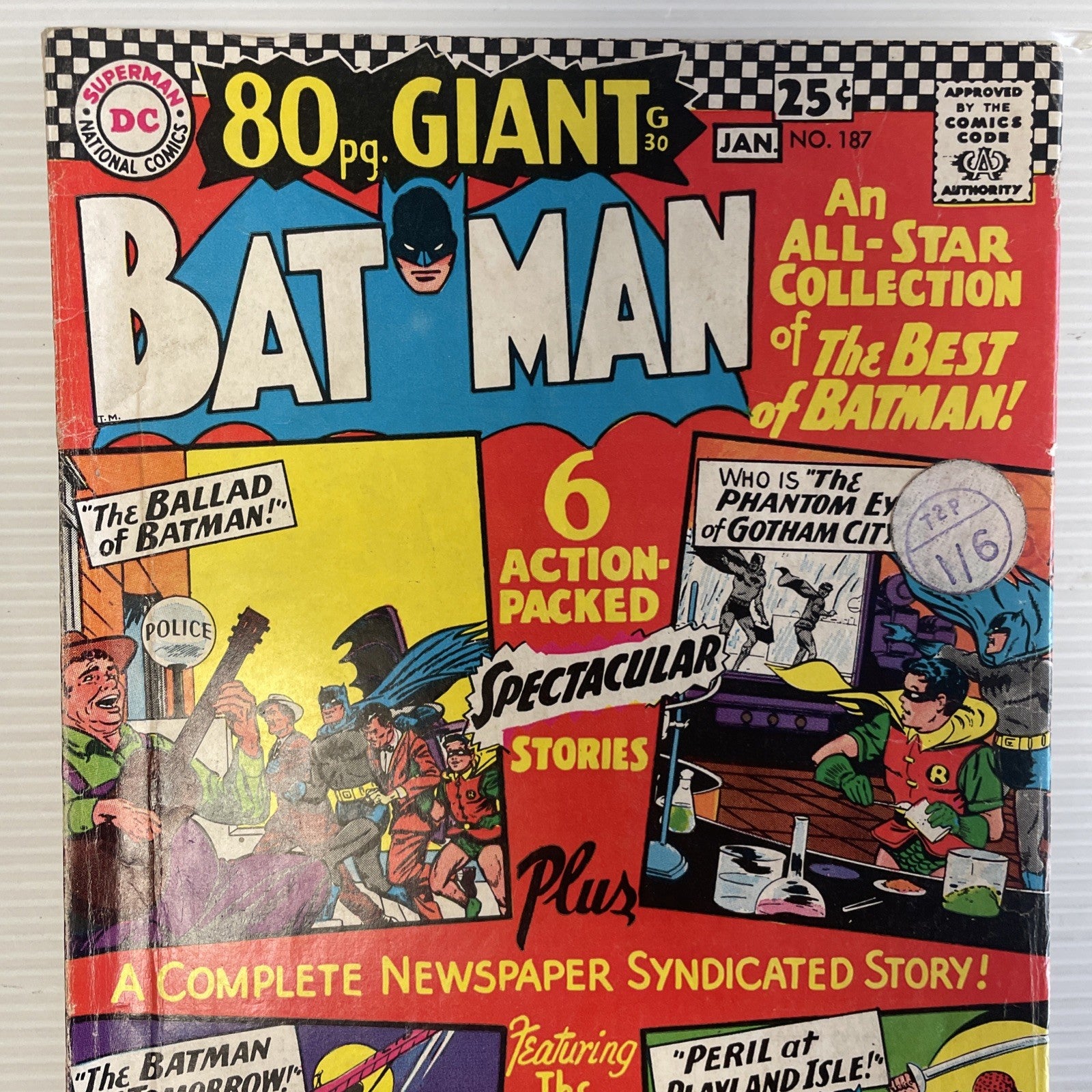 Batman #187 1967 VG 80 page giant Pence Stamp & Sticker on Cover1