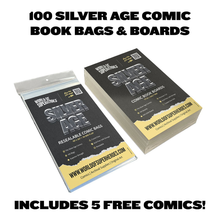100 Resealable Silver Age Comic Bags & Boards Storage INC. 5 FREE COMICS0
