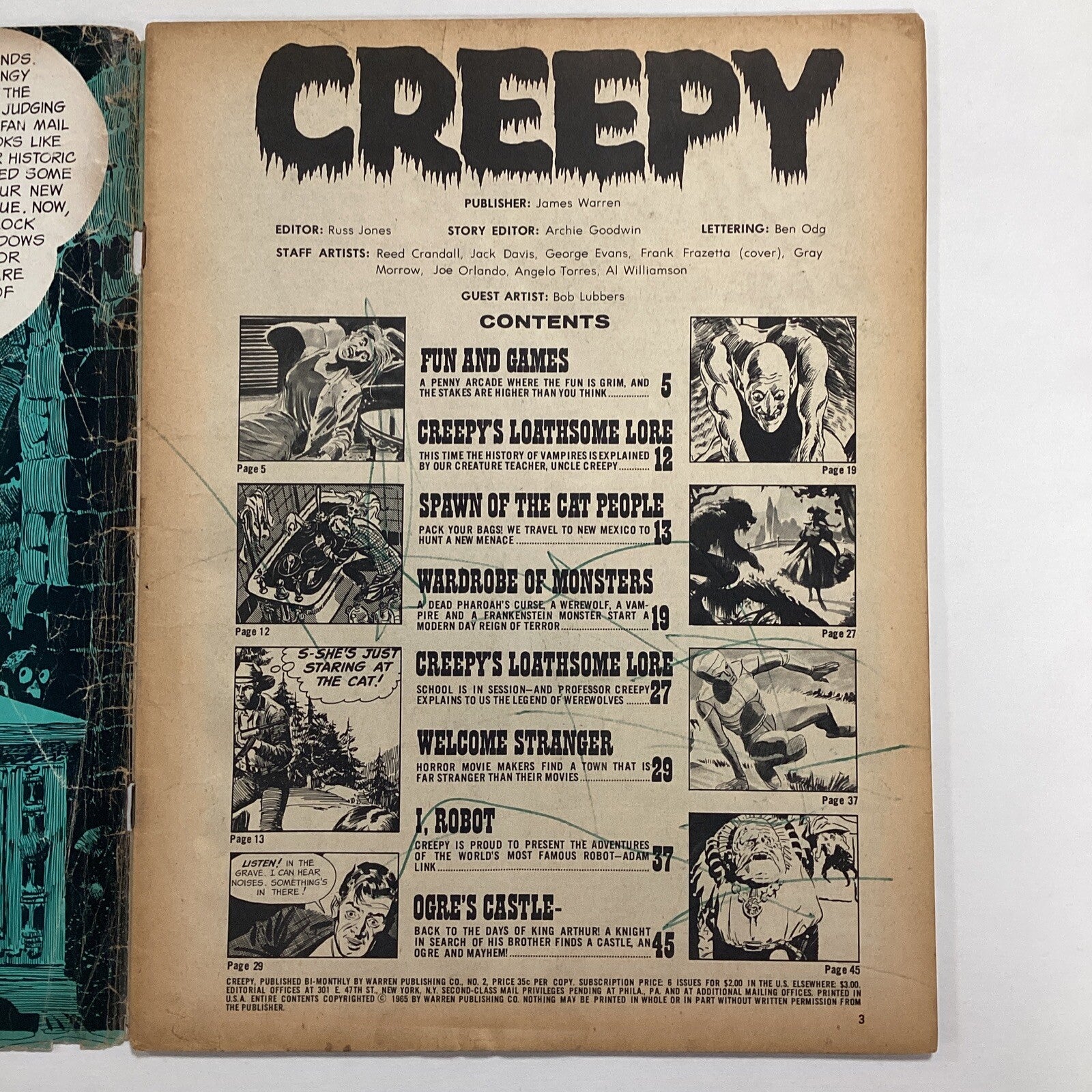 Creepy #2 1965 GD Cover worn and detached, pen marks on first page.Warren Horror3