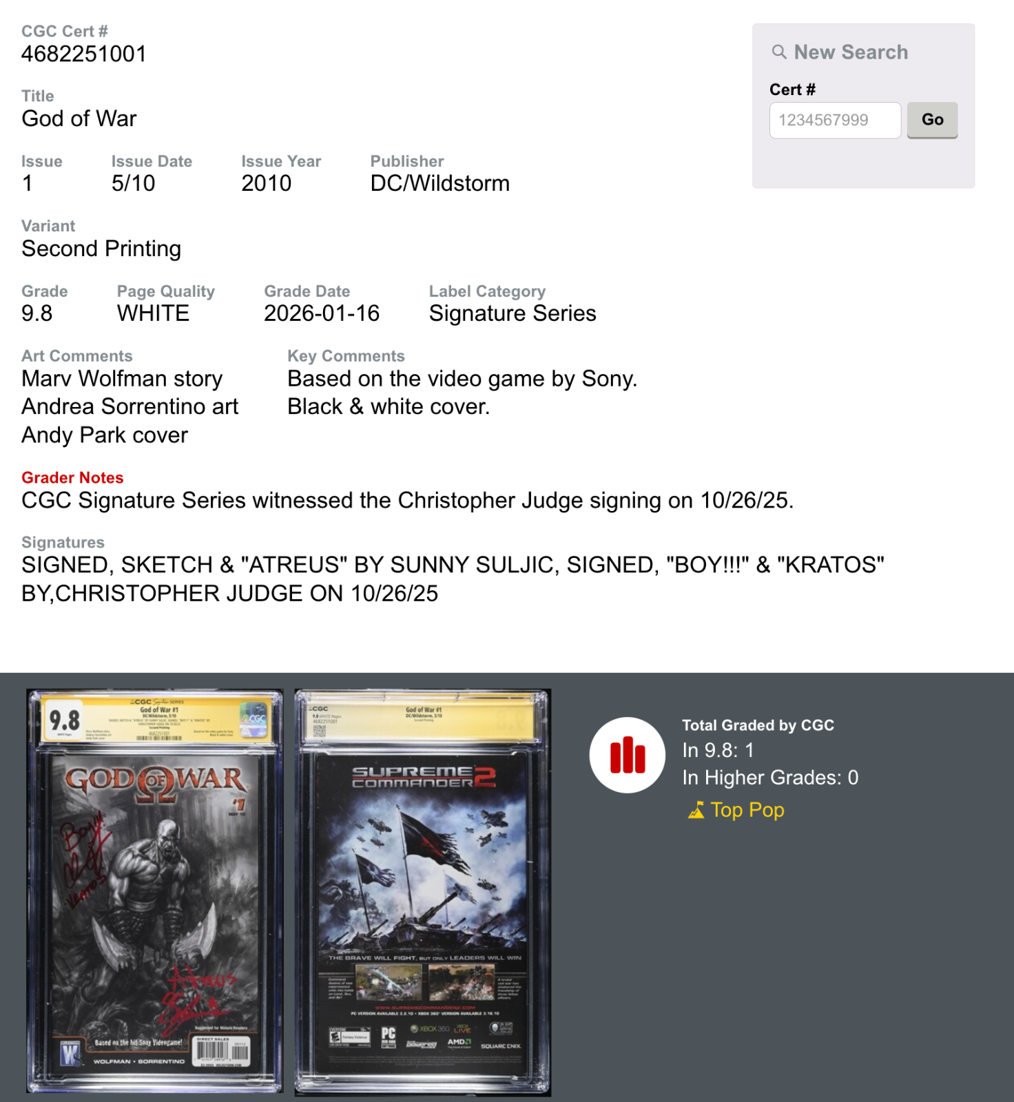 God Of War #1 2010 CGC 9.8 Signature Series 2nd Print1