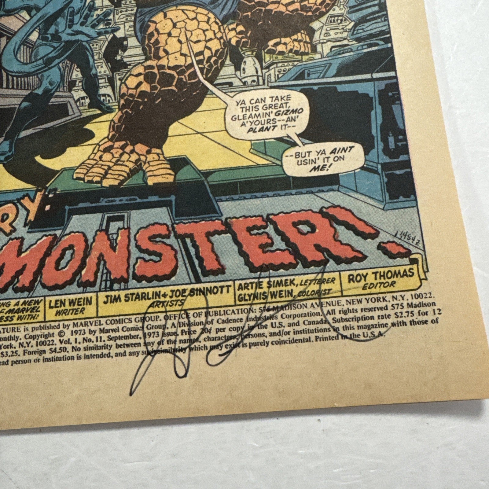 Marvel Feature #11 1973 VF- Thing Hulk Signed by Jim Starlin inside page Date st7