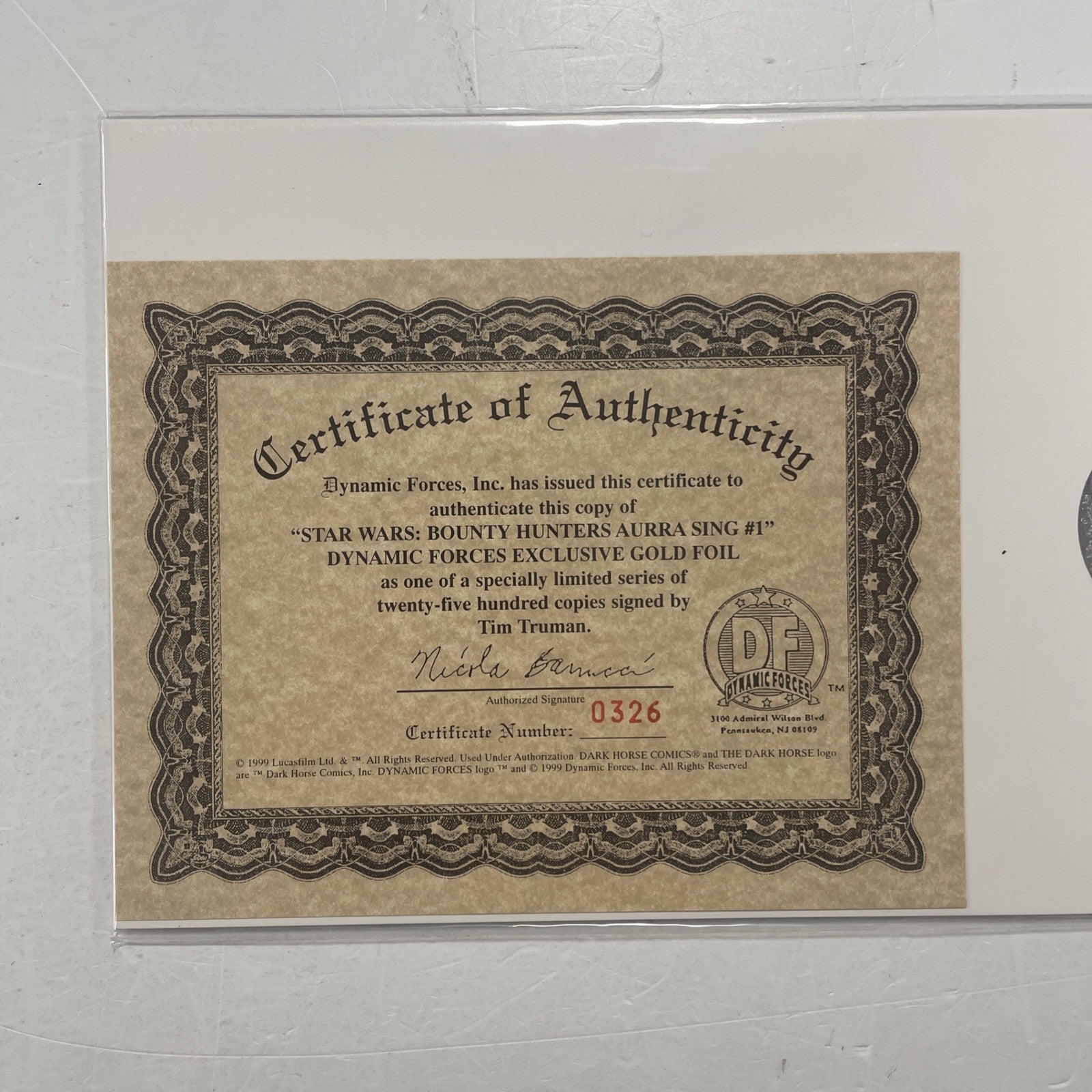 Star Wars Bounty Hunters Aurra Sing 1999 Gold Foil Signed Tim Truman DF CoA5
