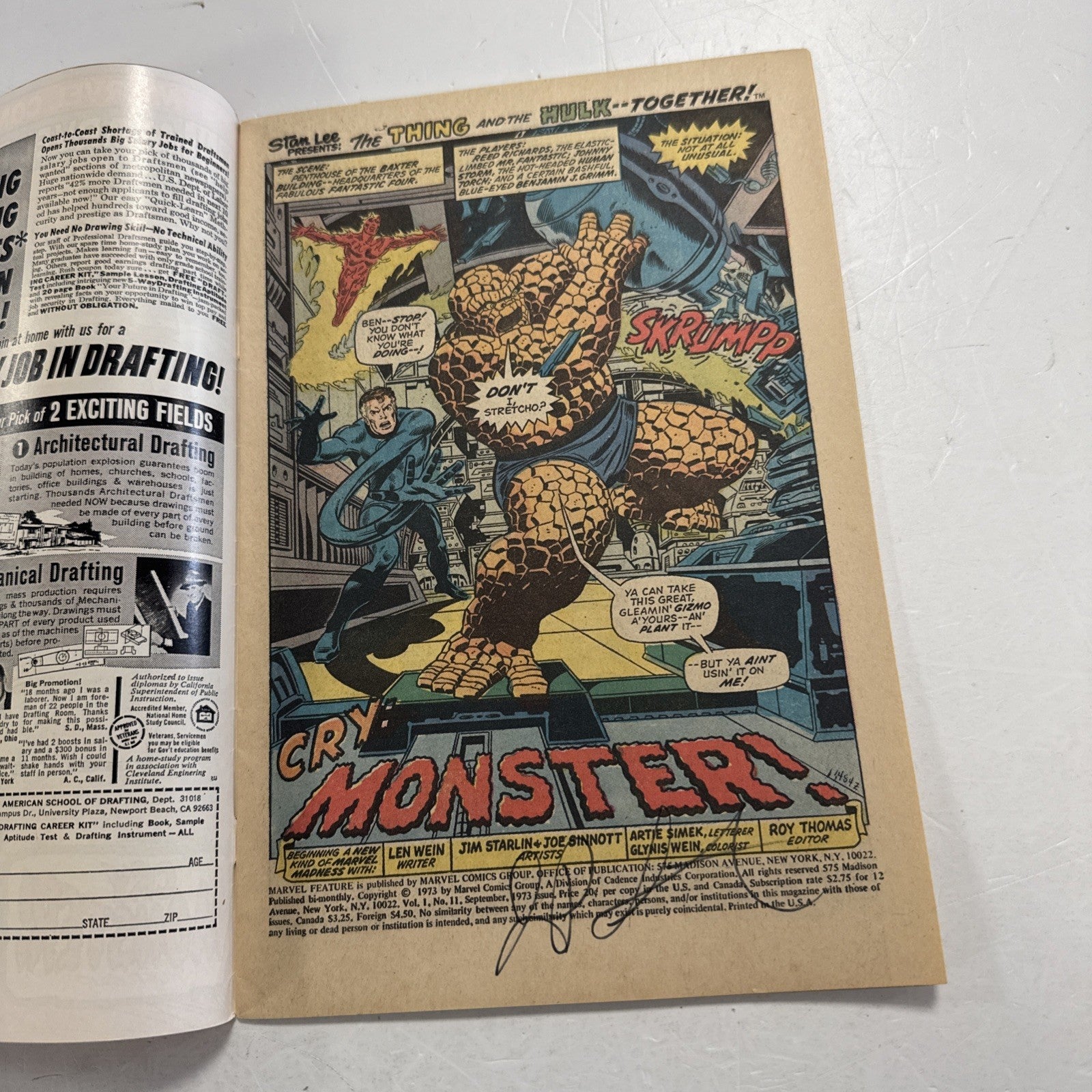 Marvel Feature #11 1973 VF- Thing Hulk Signed by Jim Starlin inside page Date st6
