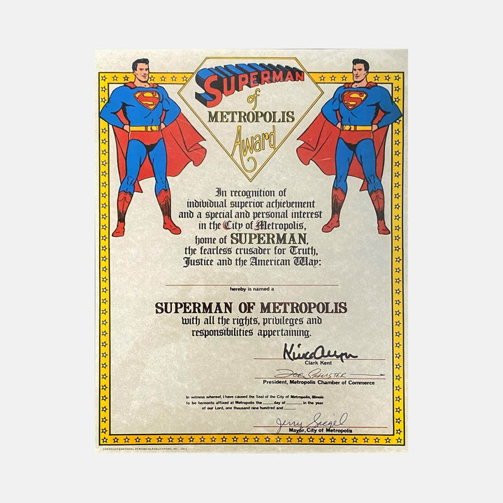 Superman: Superman of Metropolis Award Signed By Jerry Siegel, Joe Shuster and Kirk Alyn