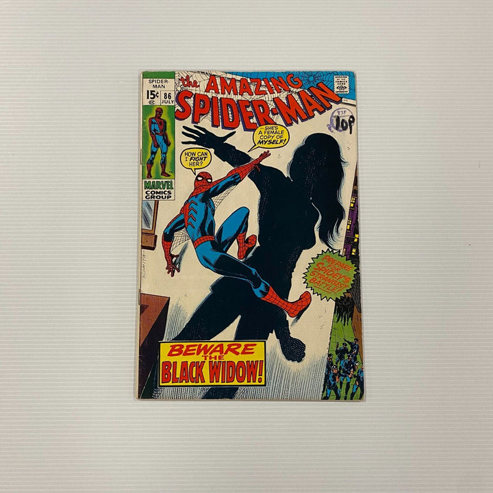 Amazing Spider-Man #86 1970 VG+ Cent Copy Pence stamp Black Widow Origin