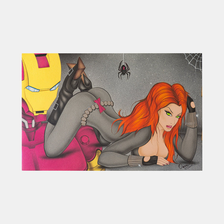 The Widow and The Iron Man Original Art Framed by Darrel “Cups” O’Riley - worldofsuperheroesuk